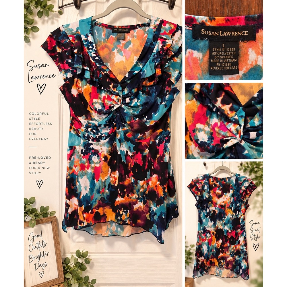 Susan Lawrence Womens Abstract Floral Ruffle V-Neck Twist Front Blue Orange L